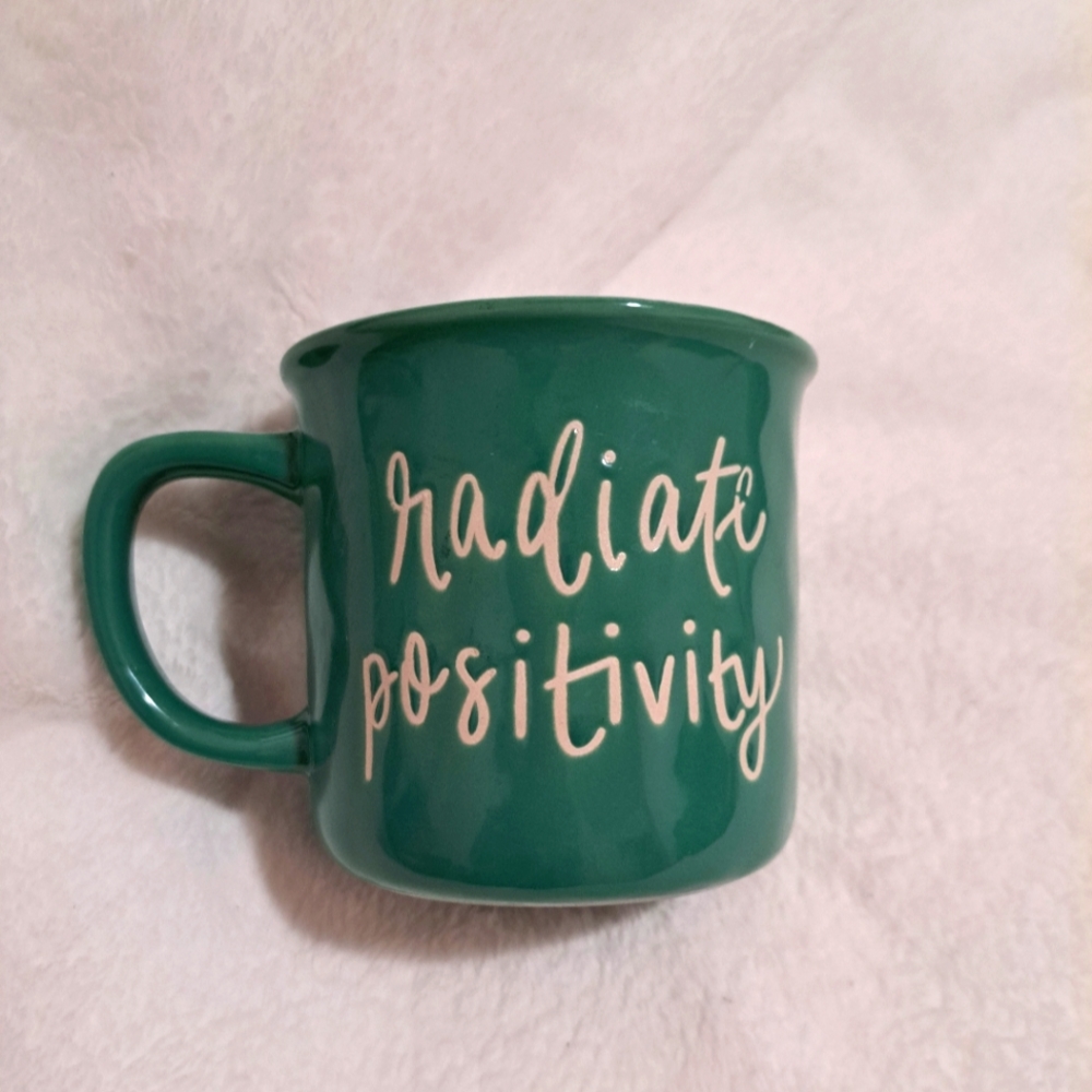 Giant Ceramic Mug lettered with "Radiate Positivity" mantra
